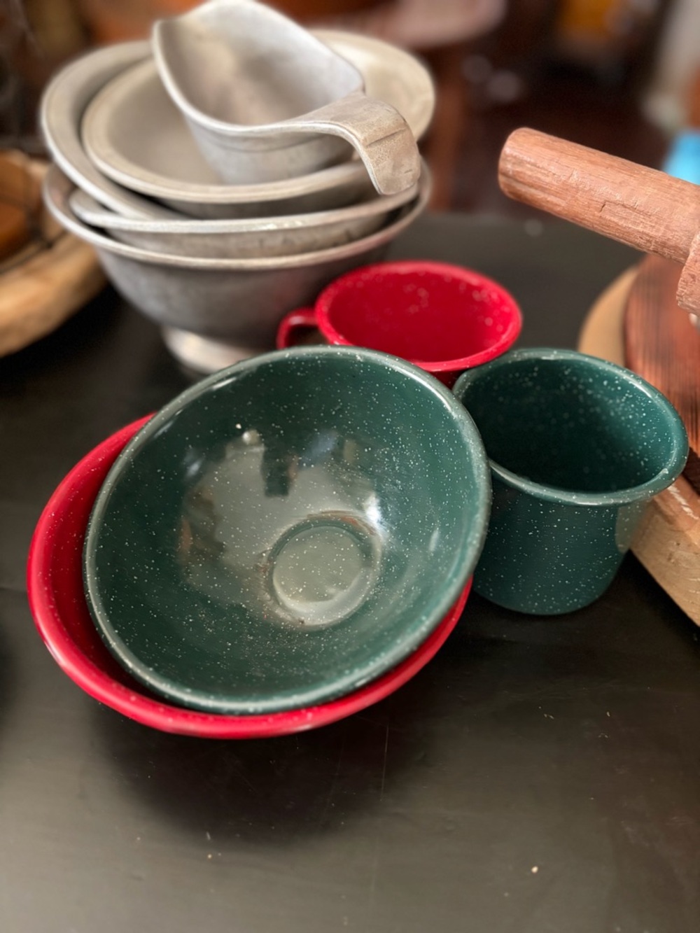 Enamelware Bowls & Mug Set - Forest Green and Red
